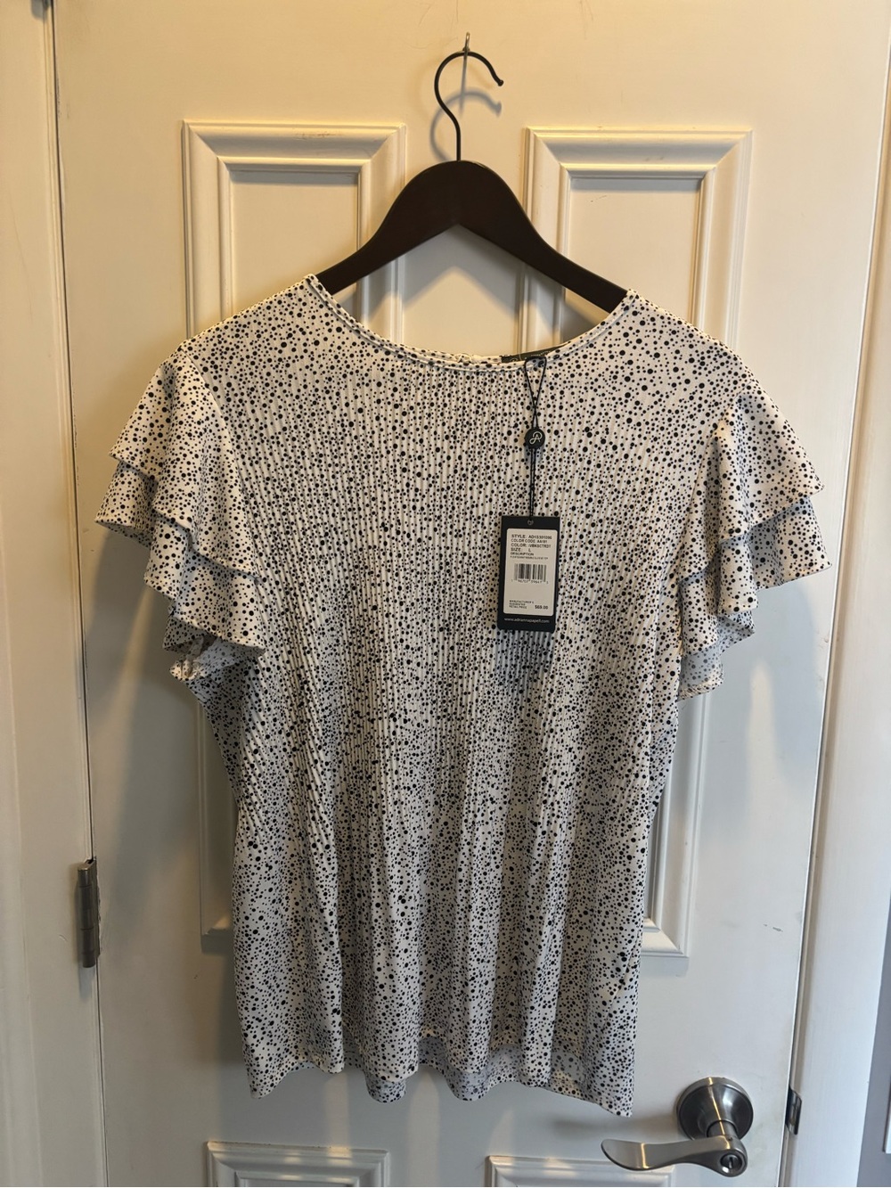 Adrianna Papell White with Black Dot Ruffle Sleeve Top